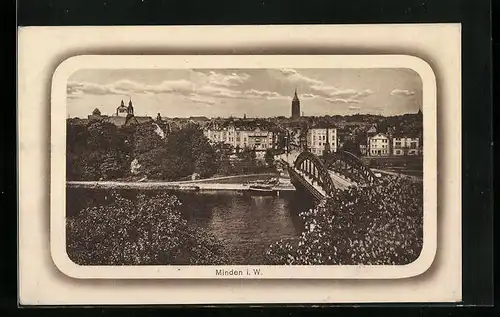 AK Minden i. W., Uferpartie mit Brücke