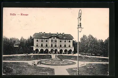 AK Ilidze, Hotel Austria mit Gartenanlagen aus der Vogelschau