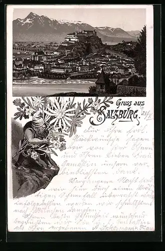 Vorläufer-Lithographie Salzburg, 1895, Stadt-Panorama mit Festung Hohensalzburg