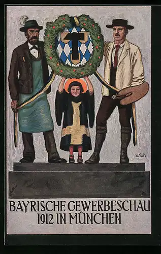 Künstler-AK Ganzsache Bayern PP27C41 /014: München, Bayrische Gewerbeschau 1912, Münchner Kindl und Maler