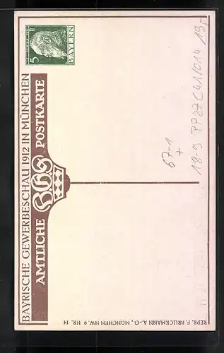 Künstler-AK Ganzsache Bayern PP27C41 /014: München, Bayrische Gewerbeschau 1912, Münchner Kindl und Maler