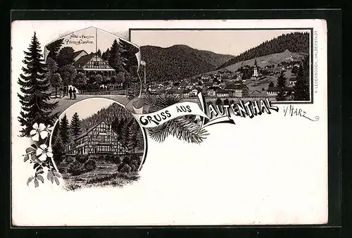 Vorläufer-Lithographie Lautenthal i. Harz, 1894, Hotel und Pension Prinzess Caroline, Ortsansicht