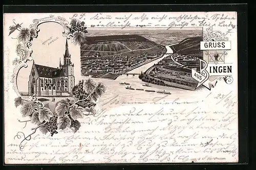 Vorläufer-Lithographie Bingen, 1895, Rochus-Kapelle, Mündung der Nahe in den Rhein