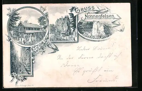 Vorläufer-Lithographie Jonsdorf, 1895, Gasthof am Nonnenfelsen