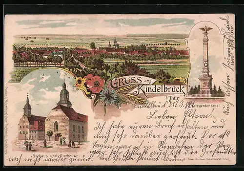 Lithographie Kindelbrück i. Thür., Rathaus und Kirche, Kriegerdenkmal