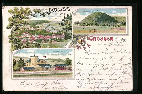 Lithographie Crossen /Elster, Bahnhof mit Gasthof Otto Lieberwirth, Mühlberg