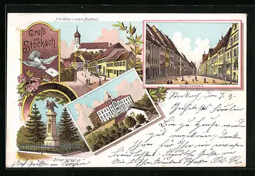 Lithographie Stockach, Neues Krankenhaus, Hauptstrasse, Kath. Kirche