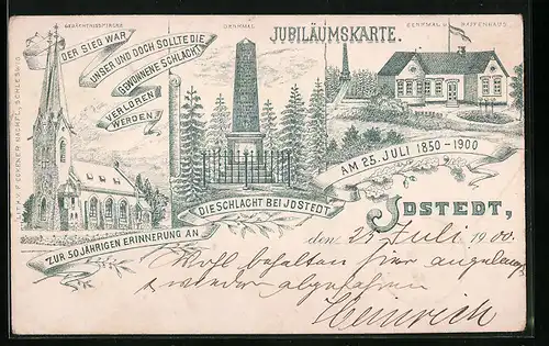 Lithographie Idstedt, 50 jährige Erinnerung an die Schlacht von 1850, Denkmal und Waffenhaus