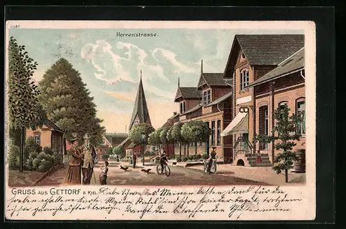 Lithographie Gettorf b. Kiel, Herrenstrasse mit Kirchblick