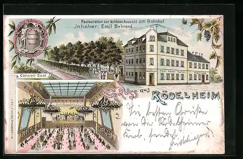 Lithographie Frankfurt-Rödelheim, Restaurant zur schönen Aussicht am Bahnhof