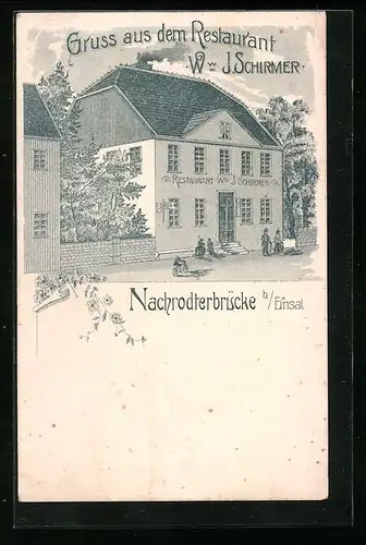 Lithographie Einsal / Nachrodterbrücke, Restaurant Ww. I. Schirmer