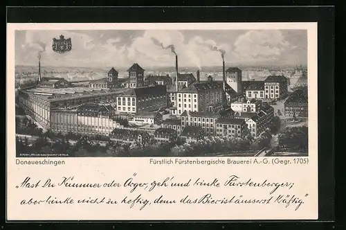 AK Donaueschingen, Fürstlich Fürstenbergische Brauerei AG, Gegr. 1705