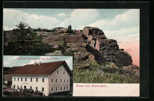 AK Büchelstein, Gasthaus Kerschbaum des Peter Raith, Panorama mit Felsen