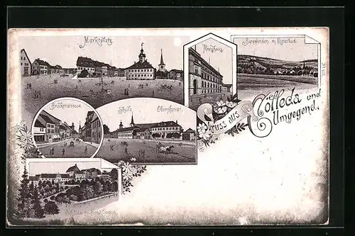 Künstler-AK Cölleda, Kreishaus, Schloss zu Beichlingen, Marktplatz
