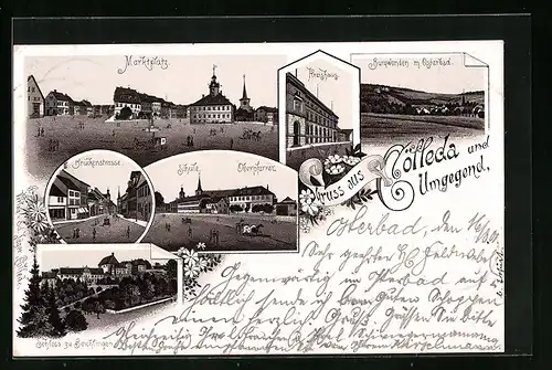 Lithographie Cölleda, Kreishaus, Schloss zu Beichlingen, Marktplatz