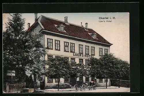 AK Okertal i. H., Lüer`s Hotel mit Pferdewagen