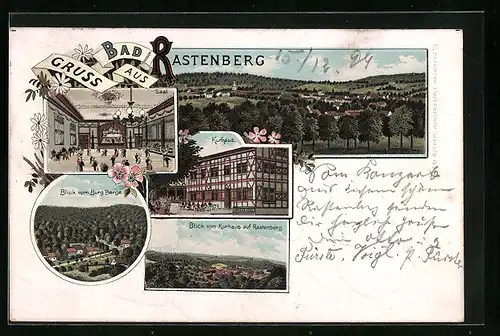 Lithographie Bad Rastenberg, Kurhaus, Inneres Saal, Blick auf den Ort