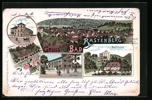 Lithographie Bad Rastenberg, Kurhaus, Badehaus, Bad Finneck