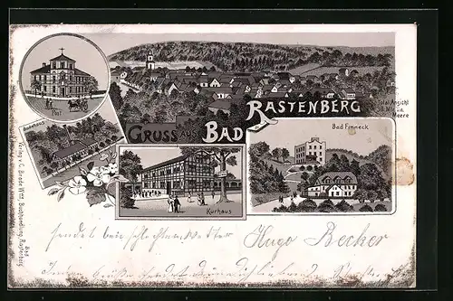 Lithographie Bad Rastenberg, Kurhaus, Badehaus, Bad Finneck