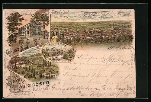 Lithographie Bad Rastenberg, Kurhaus, Die frühere Haselmühle mit Dreikaiserquelle, Bad Finneck