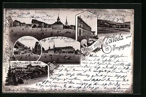Lithographie Cölleda, Kreishaus, Schloss zu Beichlingen, Marktplatz