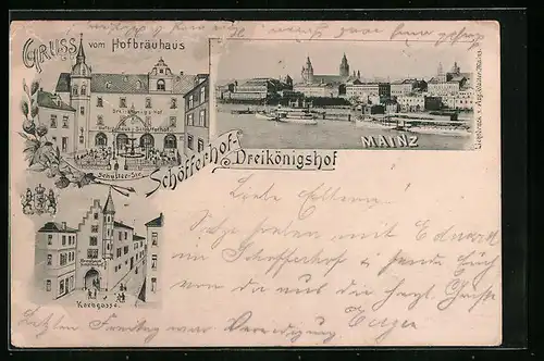 AK Mainz, Stadtpanorama, Korbgasse mit Brauhaus Schöfferhof, Hofbräuhaus Drei-Königs-Hof in der Schusterstrasse