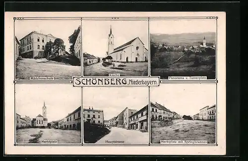 AK Schönberg /Niederb., Mädchenschule, Kirche, Panorama vom Tumerplatz, Hauptstrasse