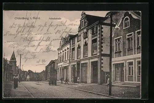 AK Oldenburg /Holst., Partie in der Schuhstrasse, mit Schlachterei Wulf