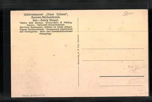 AK Barmen-Nächstebreck, Waldrestaurant Haus Juliana mit Strasse und Autobus