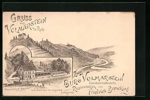 Lithographie Volmarstein /Ruhr, Restauration und Eisenbahnhaltestelle zur Burg Volmarstein