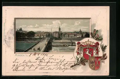 Passepartout-Lithographie Minden i. W., Panorama der Stadt mit Brücke, Wappen, Eichenlaub