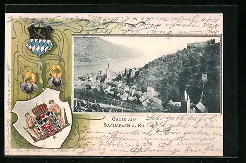 Passepartout-Lithographie Bacharach a. Rh., Ortsansicht mit Rhein, Wappen, Blumen