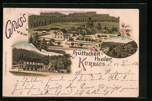 Lithographie Hüttschenthal /Harz, Kurhaus aus der Vogelschau