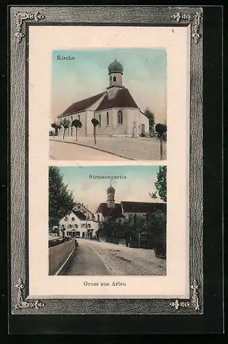 Präge-AK Arlen, Kirche, Strassenpartie im Ort