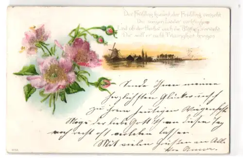 Glitzer-Perl-AK Rosen mit Glitzer-Perlen und abendliches Landschaftsmotiv