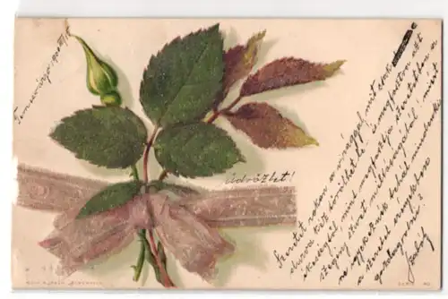 Glitzer-Perl-AK Rosenknospe mit Blattwerk und Glitzer-Perlen