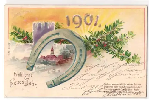 Glitzer-Perl-AK Neujahrsgruss, Hufeisen mit Glitzer-Perlen