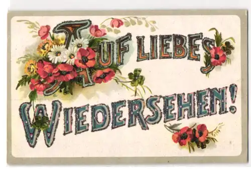 Glitzer-Perl-AK Auf Liebes Wiedersehen, Schriftzug mit Glitzer-Perlen