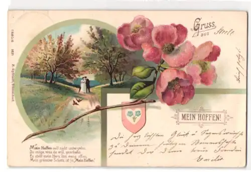 Glitzer-Perl-AK Liebespaar unter herbstlichen Bäumen, Rosen mit Glitzer-Perlen