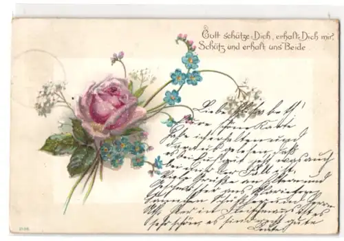 Glitzer-Perl-AK Rosen und Vergissmeinnicht mit Glitzer-Perlen