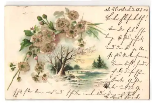 Glitzer-Perl-AK Blumen mit Glitzer-Perlen, Winterlandschaft