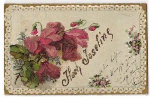 Glitzer-Perl-AK Hoch Josefine, Namenstagsgruss mit Blumen und Glitzer-Perlen