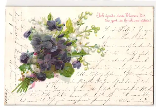 Glitzer-Perl-AK Veilchen mit Glitzer-Perlen und Gruss