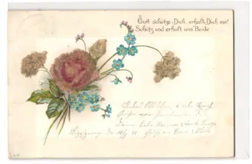 Glitzer-Perl-AK Rose mit Glitzer-Perlen und Vergissmeinnicht