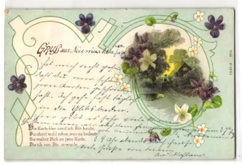 Glitzer-Perl-AK Idyllisch gelegenes Haus gerahmt von Blumen mit Glitzer-Perlen