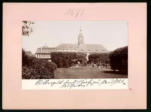 Fotografie Brück & Sohn Meissen, Ansicht Seusslitz, Blick auf das Rittergut und Kirche von der Südseite aus