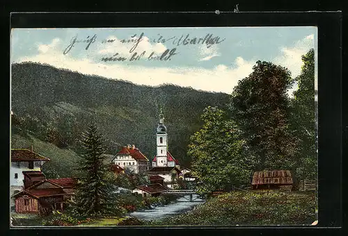 AK Ramsau, Teilansicht mit Gasthof Oberwirt & Kirche