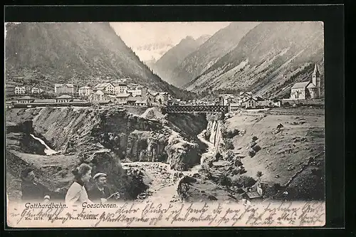 AK Goeschenen /Gotthardbahn, Teilansicht mit Kirche und Brücke