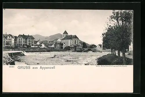 AK Appenzell, Uferpartie mit Kirche und Brücke