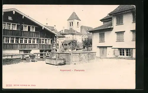 AK Appenzell, Postplatz mit Brunnen und Blick auf Kirche